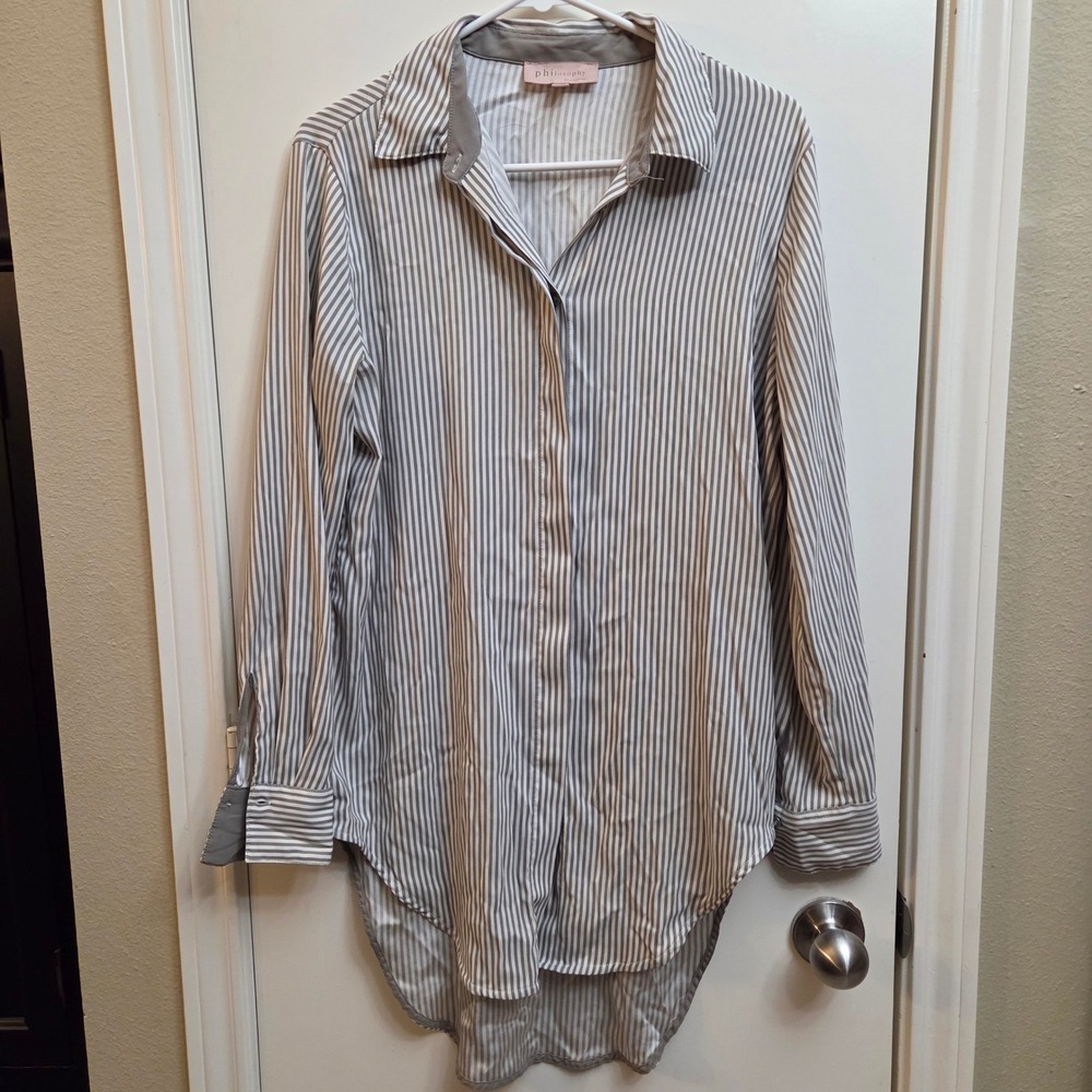 Philosophy Striped Button Down Shirt Womens Medium M Gray White Long Sleeve